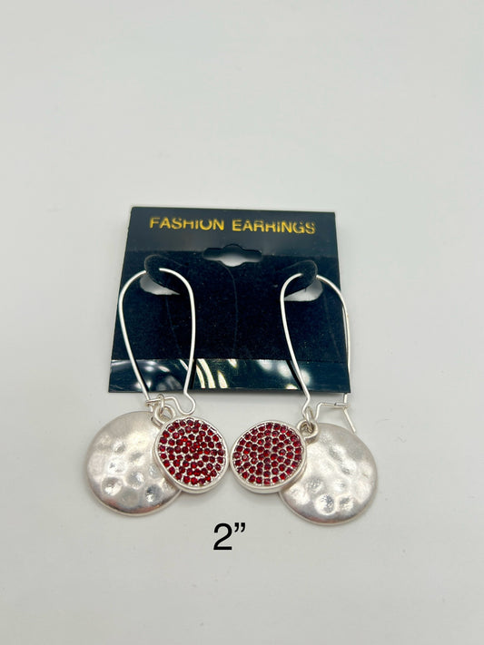 Red Rhinestone and Silver Circle Droop Earrings