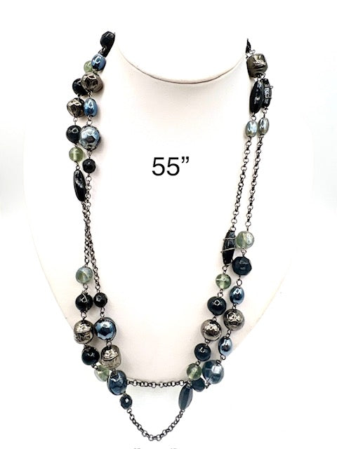 Long Black/Silver/Gray Glass and Metal Bead Necklace w Earrings