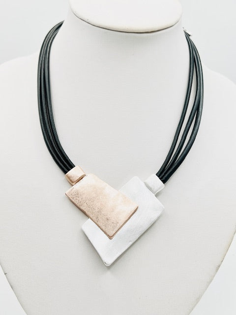 Two Tone Genuine Leather Layered Necklace