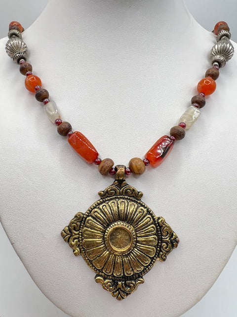 Boho Tribal Natural Carnelian and Agate Stone Hand Crafted Pendant Necklace