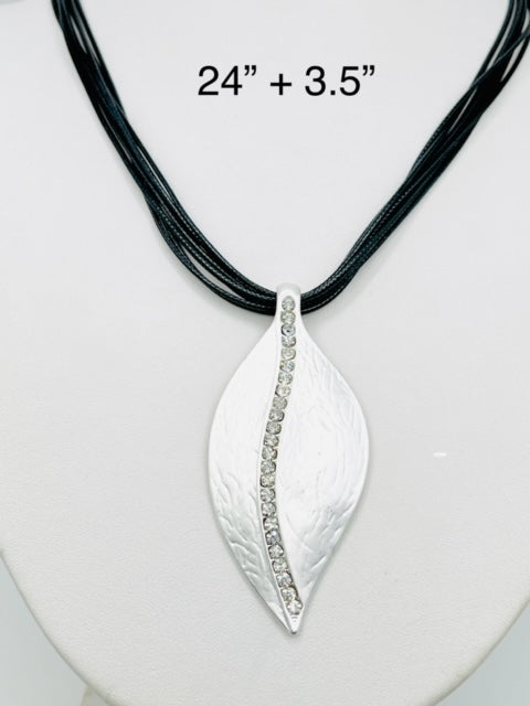 Large Bright Brushed Silver Leaf Design Pendant w Rhinestone Accent