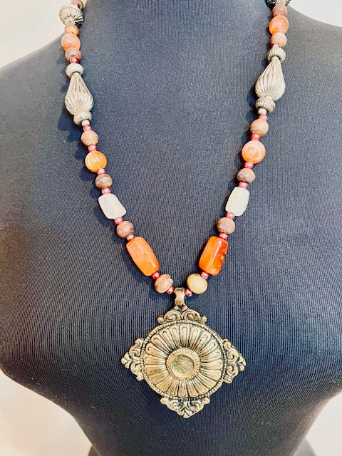 Boho Tribal Natural Carnelian and Agate Stone Hand Crafted Pendant Necklace