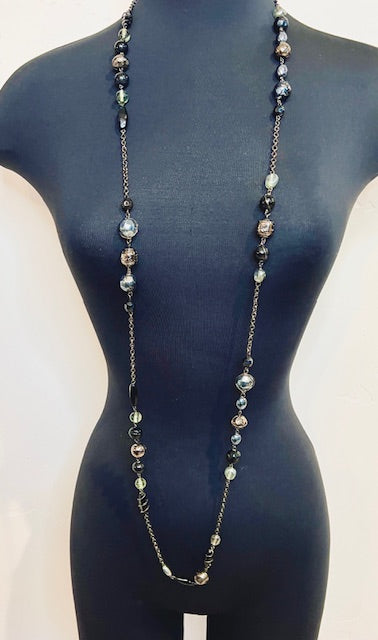 Long Black/Silver/Gray Glass and Metal Bead Necklace w Earrings